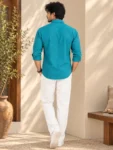 Men’s Teal Blue Textured Cotton Shirt – Full Sleeve Casual Shirt – 1