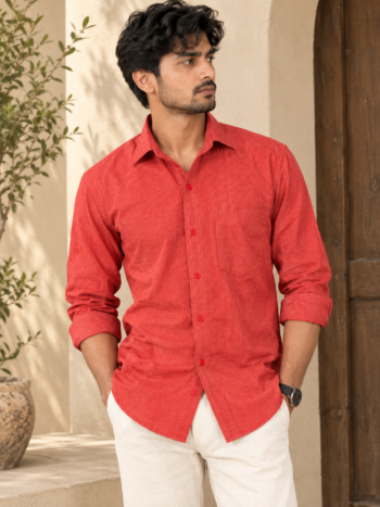 Men’s Red Textured Cotton Casual Shirt – Full Sleeve