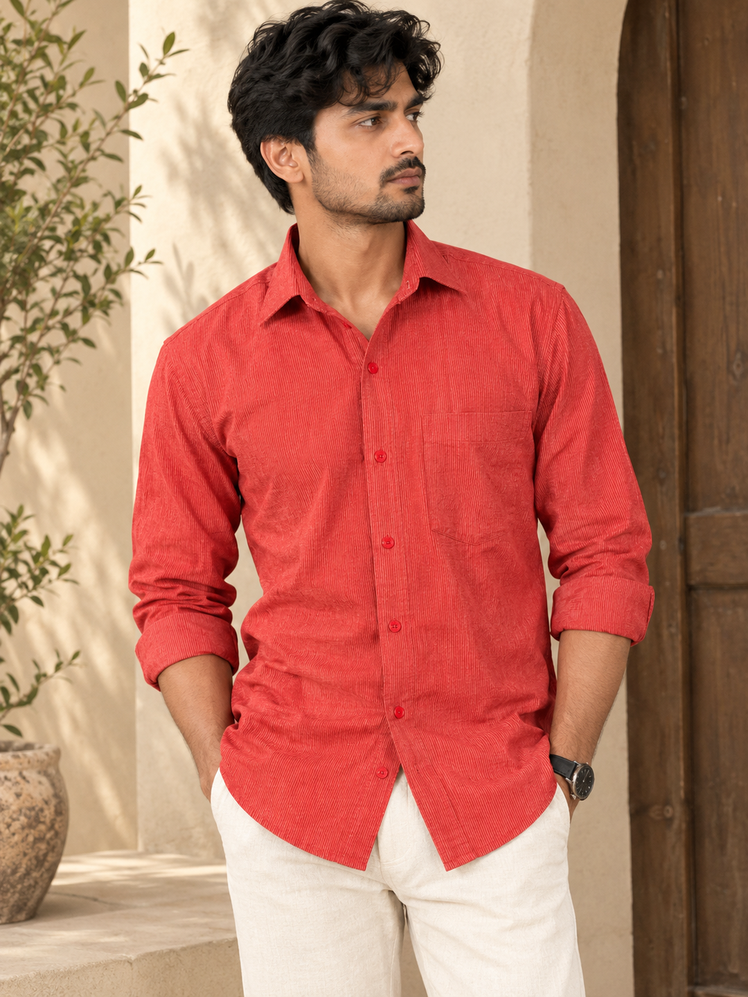 Men’s Red Textured Cotton Casual Shirt Full Sleeve - 1