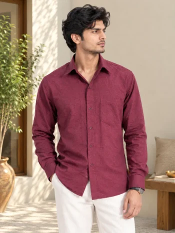Men’s Burgundy Khadi Cotton Full Sleeve Casual Shirt