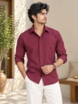 Men’s Burgundy Khadi Cotton Full Sleeve Casual Shirt – 1