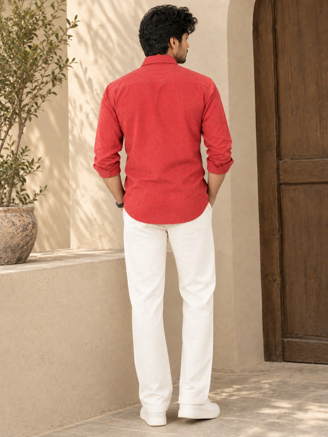 Men’s Red Textured Cotton Casual Shirt Full Sleeve -4