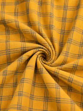 Mustard Yellow Handwoven Khadi Cotton Checkered Fabric with Grey Stripes