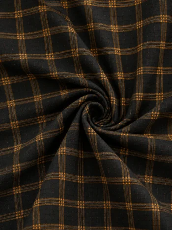 Black Handwoven Khadi Cotton Checkered Fabric with Mustard Stripes