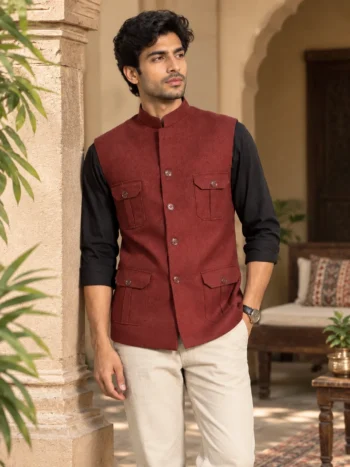 Men’s Premium Burgundy Textured Khadi Nehru Jacket