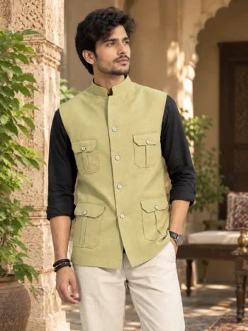 Olive Green Textured Khadi Nehru Sadri for Men