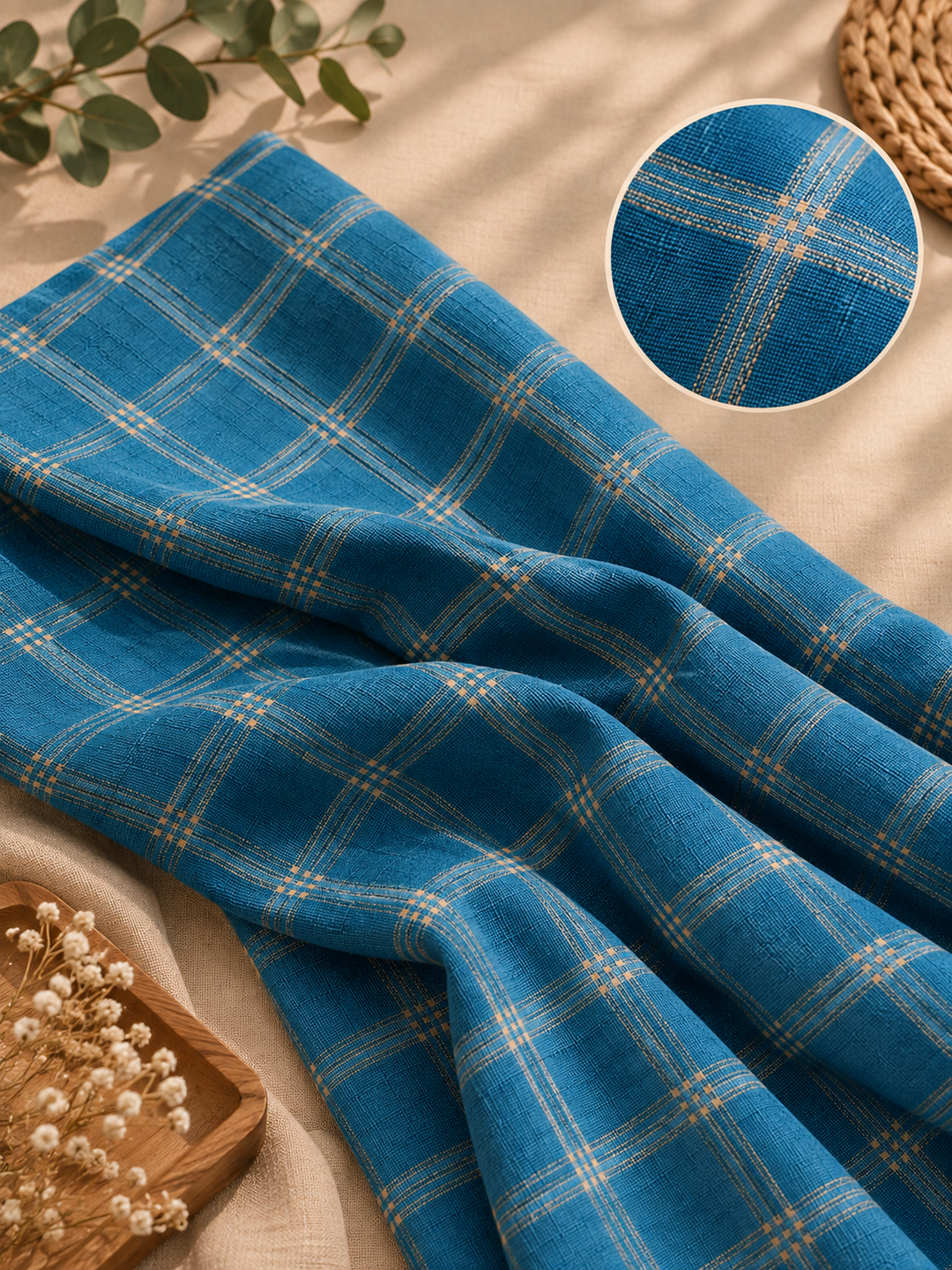 Premium Blue Check Handwoven Khadi Fabric 3