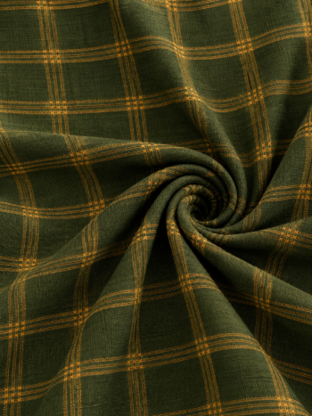 Dark Green Handwoven Khadi Cotton Checkered Fabric with Mustard Stripes
