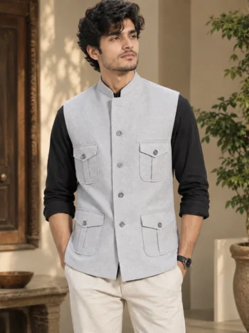 Men’s Light Grey Textured Khadi Nehru Jacket