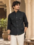 Men’s Premium Black Textured Khadi Nehru Jacket