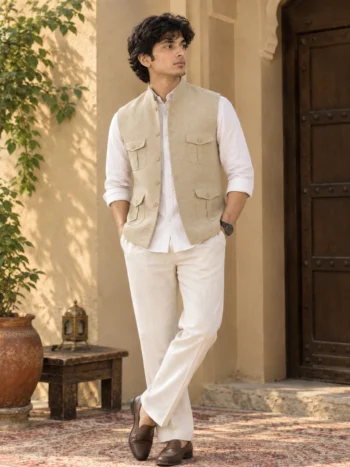 Men’s Beige Khadi Linen Nehru Jacket with Classic Pocket Design