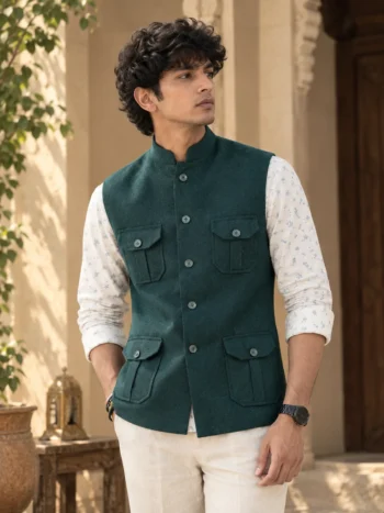 Men’s Dark Teal Green Woolen Nehru Jacket
