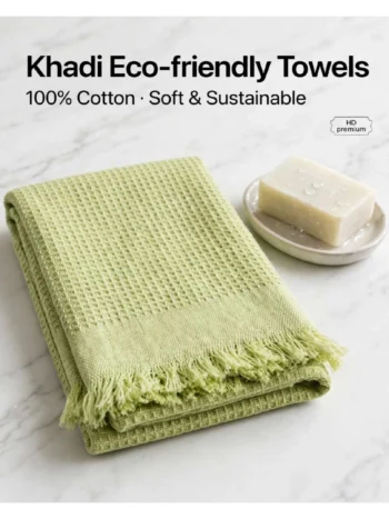 Premium Light Green Khadi Cotton Waffle Bath Towel with Tassels